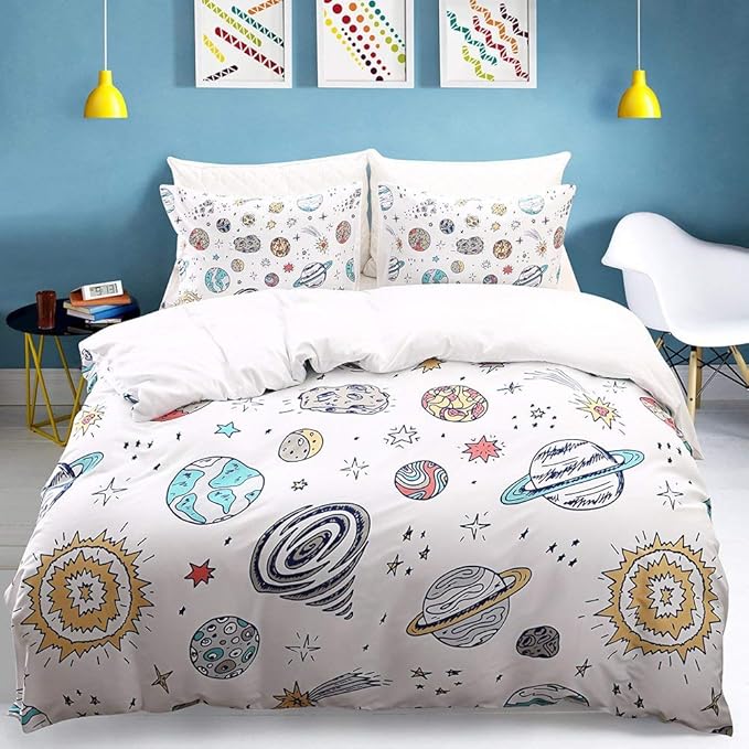Shompe Galaxy Space Bedding Sets Kids Twin Navy Blue Universe Adventure Theme Stars Duvet Cover Sets With 2 Pillowcases Zipper Closure For Boys Girls Teens Bedroom No Comforter Toys Games Duvet Cover