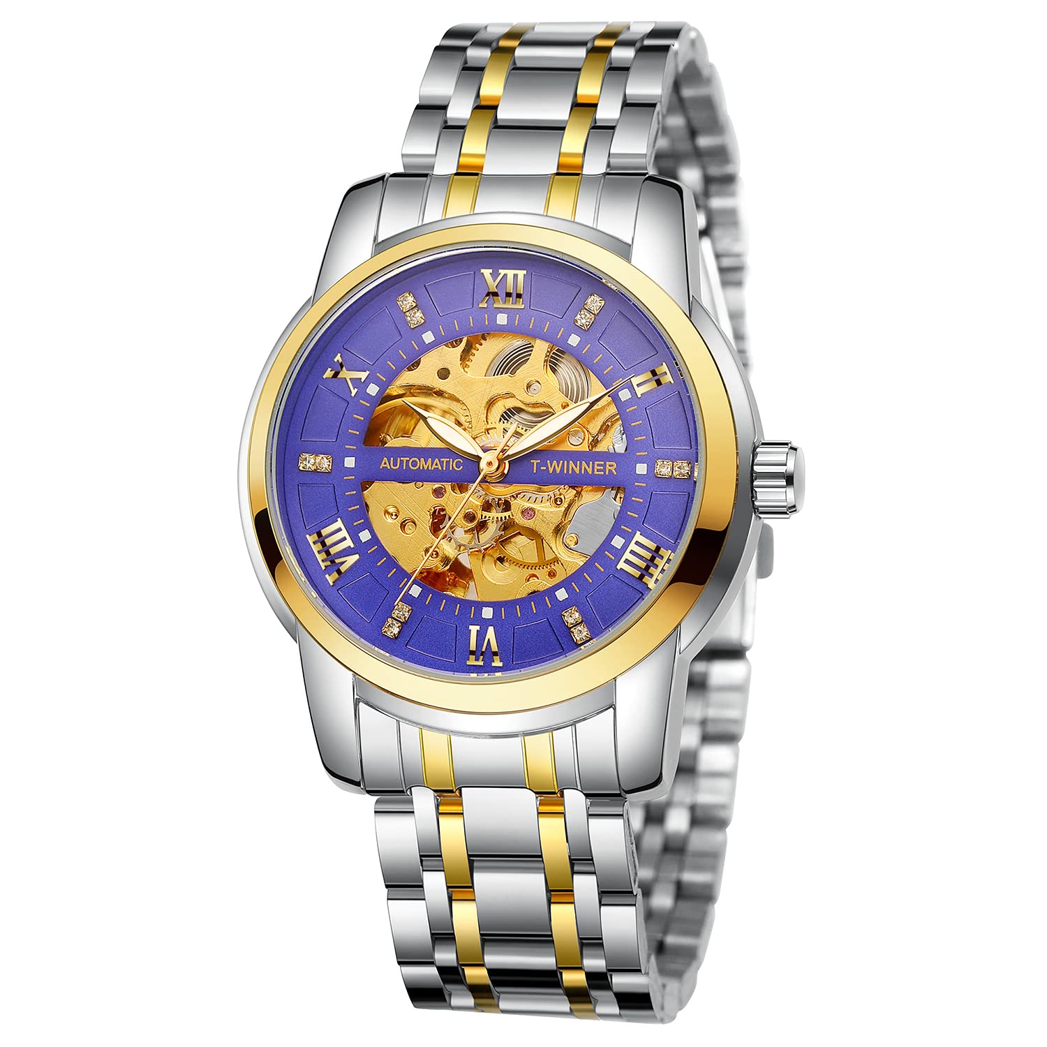 FORSINING Men's Automatic Self Winding Watch Luxury Skeleton Waterproof Stainless Steel Mechanical Wrist Watch (04-Blue)