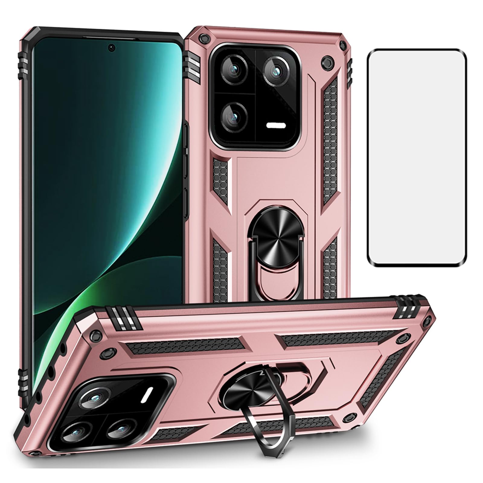 Asuwish Compatible with Xiaomi 13 Pro Case with Tempered Glass Screen Protector and Ring Holder Stand Magnetic Cell Accessories Phone Cover for Mi 13Pro 5G Women Men Rose Gold