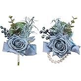 Meldel Dusty Blue Corsage and Boutonniere Set, Rose Boutonniere for Men, Prom Flower Wrist Corsage Bracelets, Homecoming Corsages Wristlet, Men Boutonnieres for Wedding Flowers Accessories Prom Suit