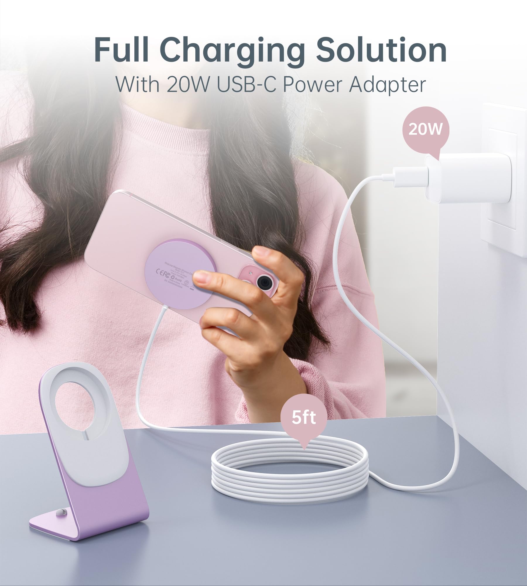 Magnetic Wireless Charger for iPhone 15/14/13/12 - Mag Charger+20W USB C Adapter, Fast Wireless Charging Stand/Pad with 5ft Cable for iPhone 15/14/13/12 Pro Max Plus Mini,Mag-Safe Charger-Pink