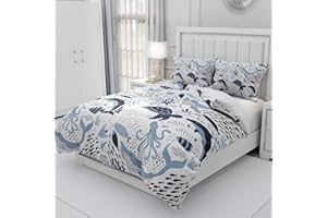Erosebridal Turtle Bedding Sets Full White Blue Whale Decor Teen Duvet Cover Set,Octopus Pattern Ocean Theme Comforter Cover Set Underwater Children Comforter Cover for Adult Kids Girls Boys