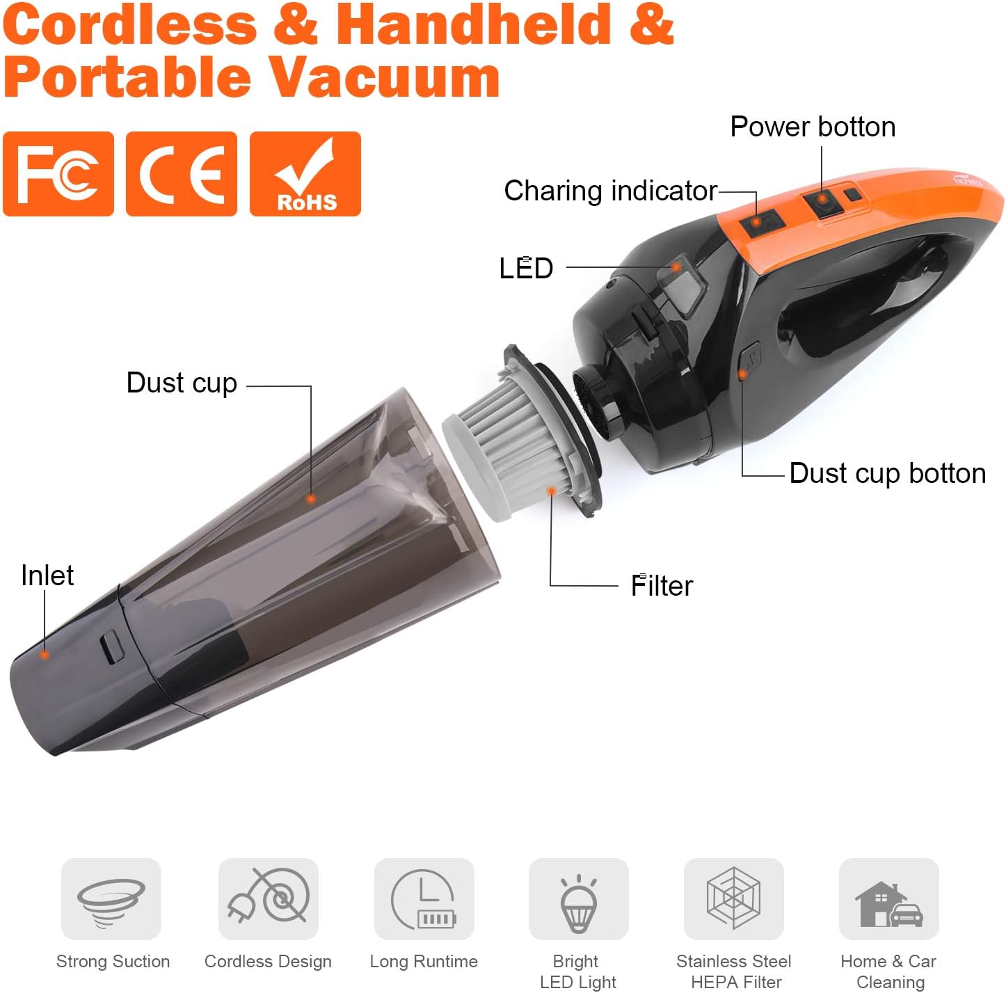 VACPOWER Handheld Vacuum Cleaner Cordless, Portable Hand Vacuum Powered by Li-ion Battery Rechargeable Quick Charge Tech, Mini Vacuum Cleaner with Strong Suction for Pet Hair, Home and Car Cleaning -