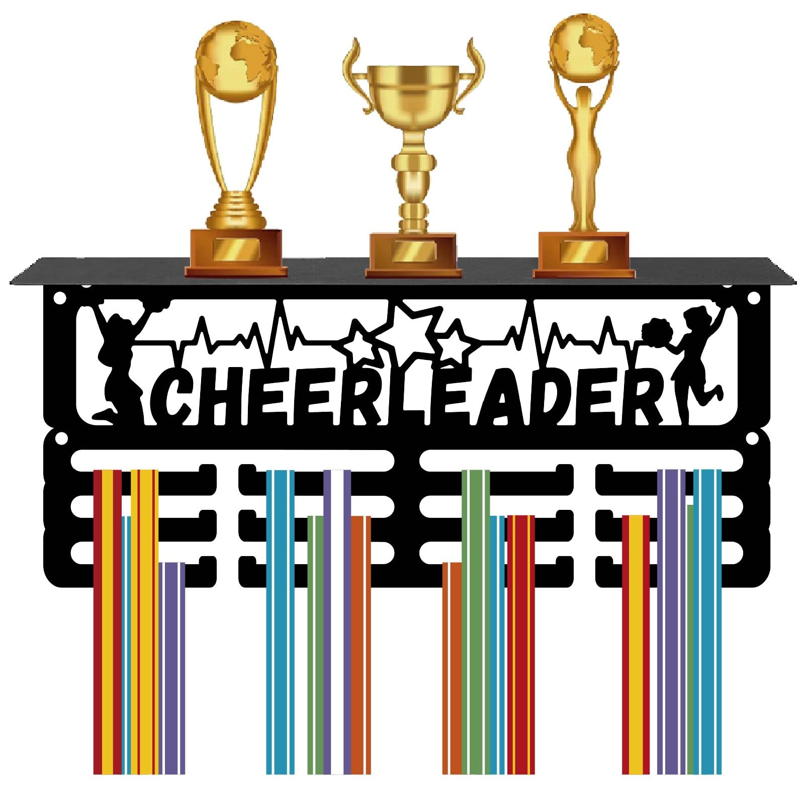 CREATCABIN Cheerleader Medal Holder Trophy Shelf Medal Hanger Display Rack Hanging Awards With Shelf Stand 3 Lines Design Hold 70+ Medals for Cheerleader Cheerlead Race Winner Member 11.4x5.1 Inch
