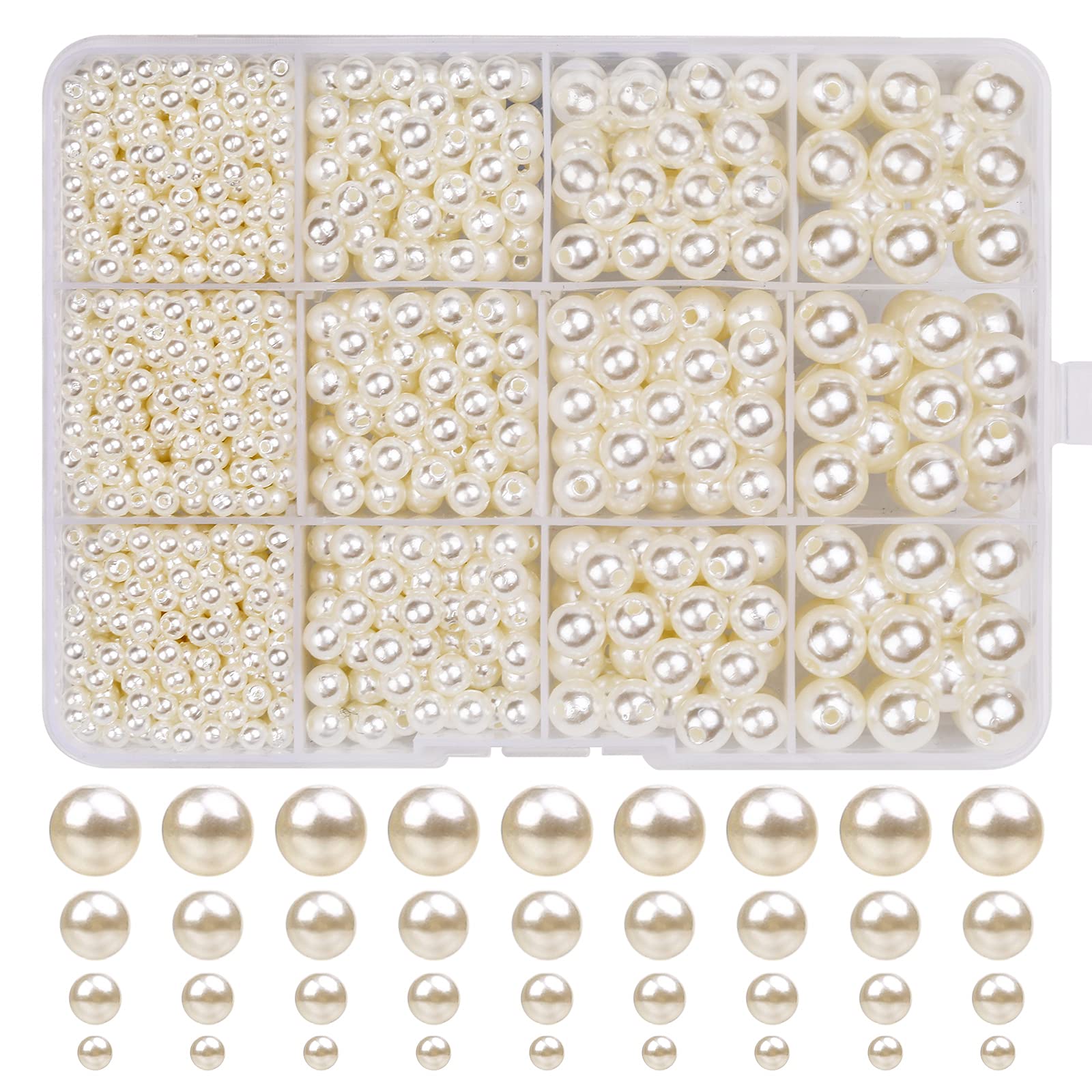 1320 Pcs Pearl Beads, Ivory White Round Pearl Beads for Jewellery Making Crafting Necklaces Bracelets Earrings Rings Jewelry Making Supplies, 4/6/8/10mm Imitation Pearls Satin Luster