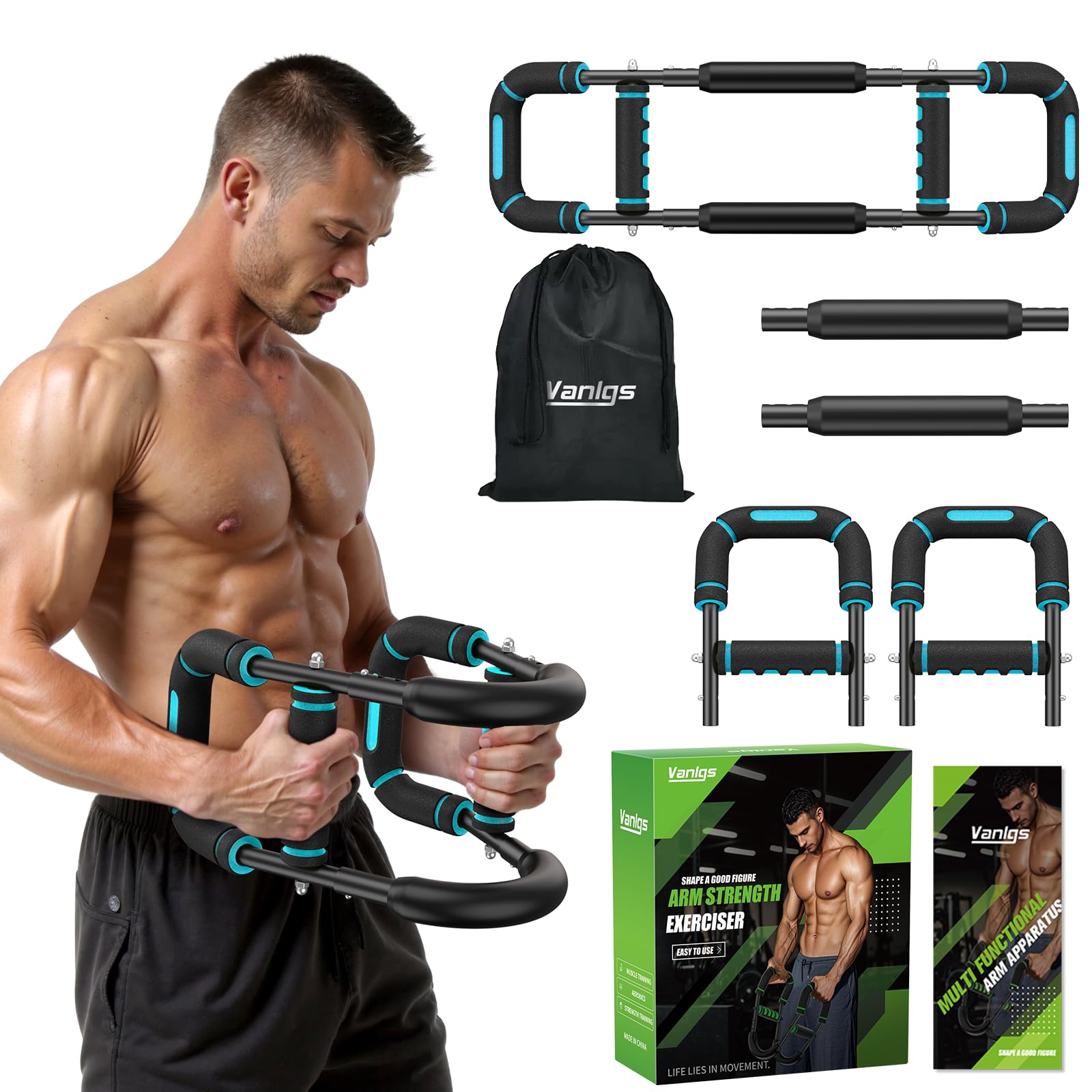 Photo 1 of Vanlgs Twister Arm Trainer for Men, Chest Workout Equipment 5-Level Adjustable (40-130lb) with Ergonomic 27° Targets Biceps/Clip/Thigh, Portable Exerciser for Home Gym Travel Fitness, Blue