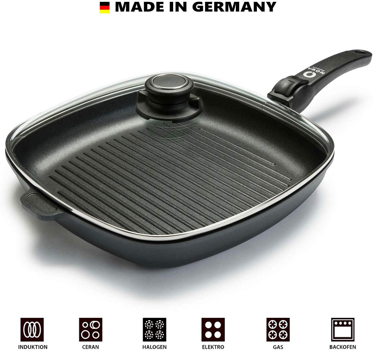 NOWA Aluguss Grillpfanne + Gratis Deckel LxBxH 28x28x4,5 cm Abnehmbarer Griff backofenfest
