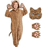 Ezuwail Kids Leopard Onesie Costume with Gloves Mask Halloween Cosplay | Cheetah Onesie for Boys Girls, Fluffy 3D Sleepwear, Kid‑Friendly Fit, One Piece Animal Jumpsuit, Holiday Dress‑up