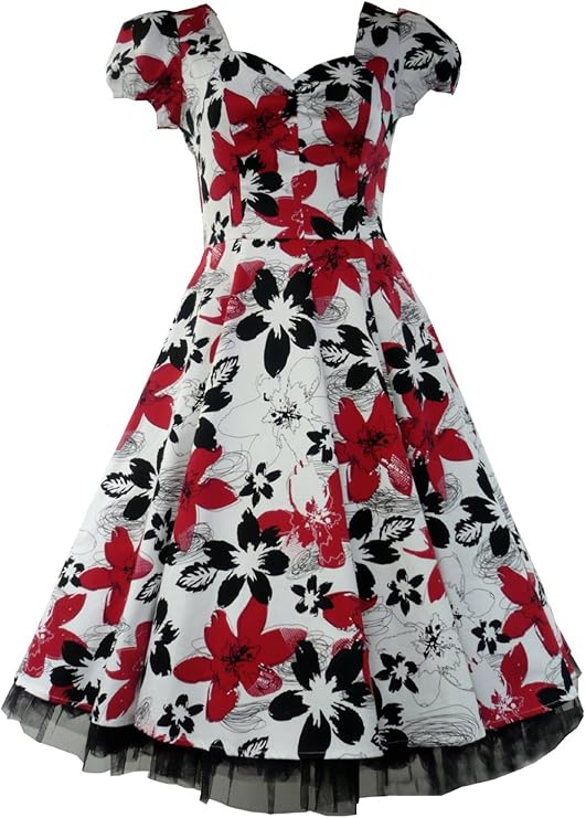 50's Vintage Tea Prom Floral Dress White, Black & Red 8 (US), 12 (UK