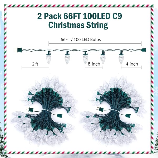 BRIGHTOWN 2 PACK TOTAL 132FT 200LED OUTDOOR C9 LED CHRISTMAS STRING LIGHTS, PLUG-IN CONNECTABLE WATERPROOF ROOFLINE STRING LIGHTS FOR OUTSIDE CHRISTMAS HOLIDAY DECOR