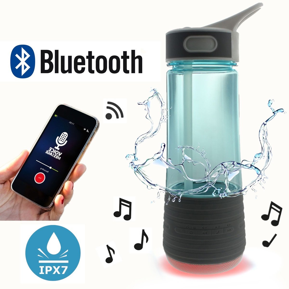 Travel Water Bottle with Speakers Bluetooth & Straw Outdoor & Safety Light for Hiking | BPA Free Water Bottle Wireless IPX7 Waterproof Rechargeable Stereo Mini Speaker By cAoku