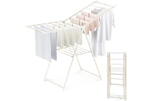 GameGem Clothes Drying Rack, Drying Rack Clothing, Foldable Laundry Drying Rack with 3 Heights-Adjustable, Sturdy Carbon Steel & Anti Slip Feet, Indoor Outdoor Use, Cream White