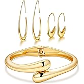 Paxuan 5pcs Gold Bangle Cuff Bracelets Oval Hoop Earrings for Women Teardrop Hoop Earrings Bracelets Set for Women Jewelry Gift