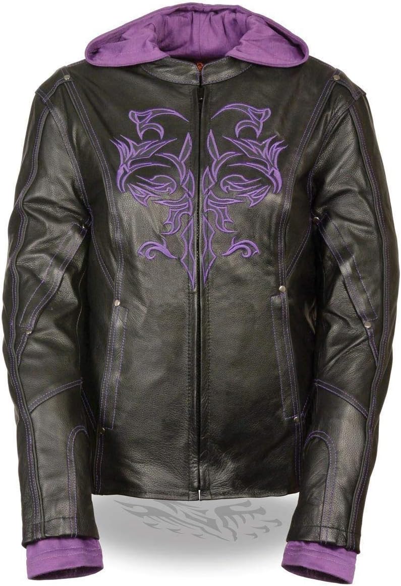 Milwaukee Leather ML2067 Women's 3/4 Black and Purple Leather Hoodie Jacket with Reflective Tribal Design - 4X-Large: Automotive