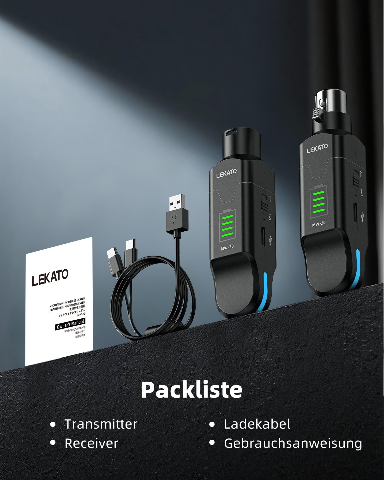 LEKATO 2,4 GHz Funkmikrofonsystem, XLR Sender Empfänger, 48V Phantomspeisung, für Kondensator & Dynamische Mikrofone, Plug & Play, 8 Std. Laufzeit, geeignet für PA, Mischpult, Live Auftritte (MW-20) 8