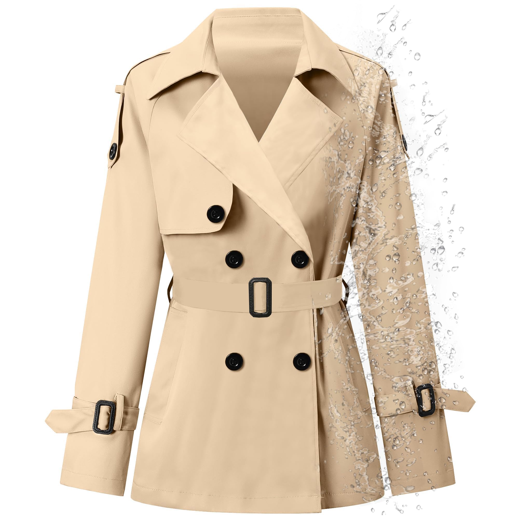Photo 1 of Betusline Women's Double Breasted Short Trench Coat with Belt, Khaki, X-Small
