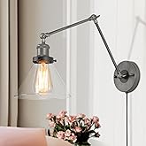 LALUZ Black Glass Wall Sconces Lighting, Modern Industrial Swing Arm Plug in or Hardwired Adjustable Wall Lamp with Brushed S