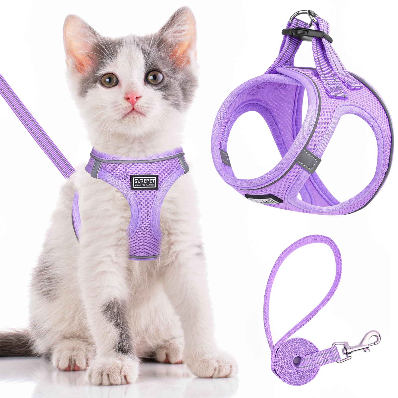 Cat Harness and Lead Escape Proof,Adjustable Soft Mesh Kitten Vest Harness for Walking Reflective Pet Harness for Cat Small Dogs Puppy (Purple, XXS) — image 1