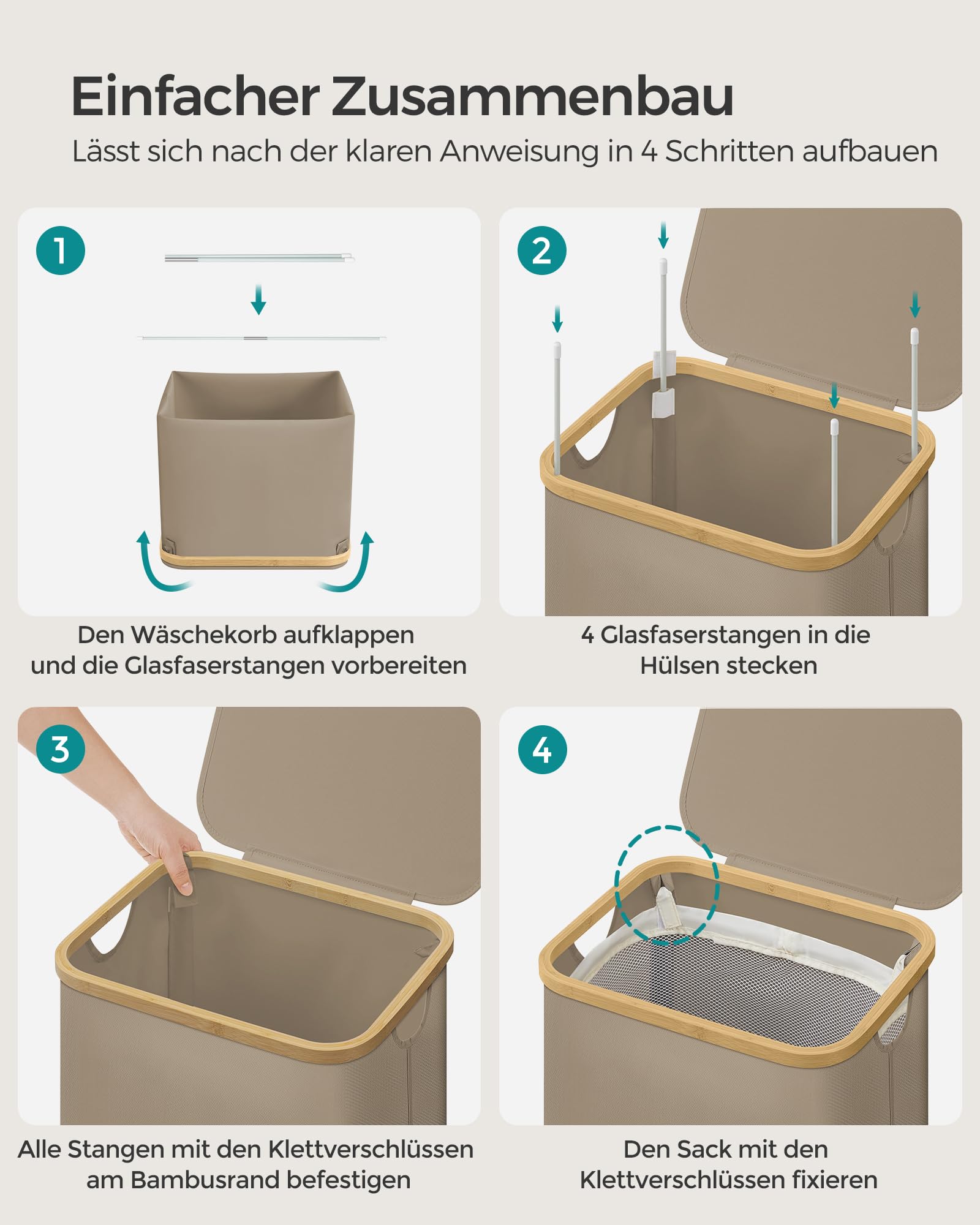 SONGMICS Wäschekorb mit Deckel, Wäschesammler 90 L, herausnehmbarer Wäschesack, Oxford-Gewebe, Griffe aus Bambus, zusammenklappbar, 42 x 32 x 70,5 cm, kamelbraun LCB509N01V1 8