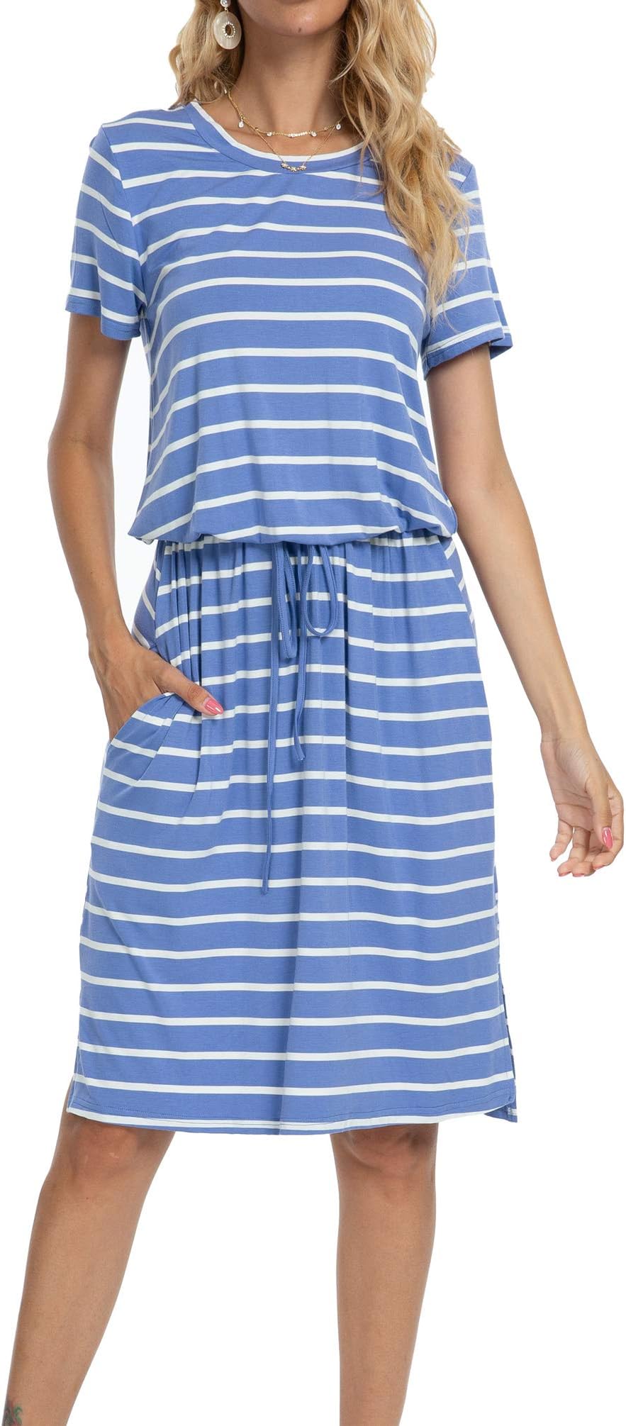 Womens Adjustable Waistline Midi Dress with Pockets
