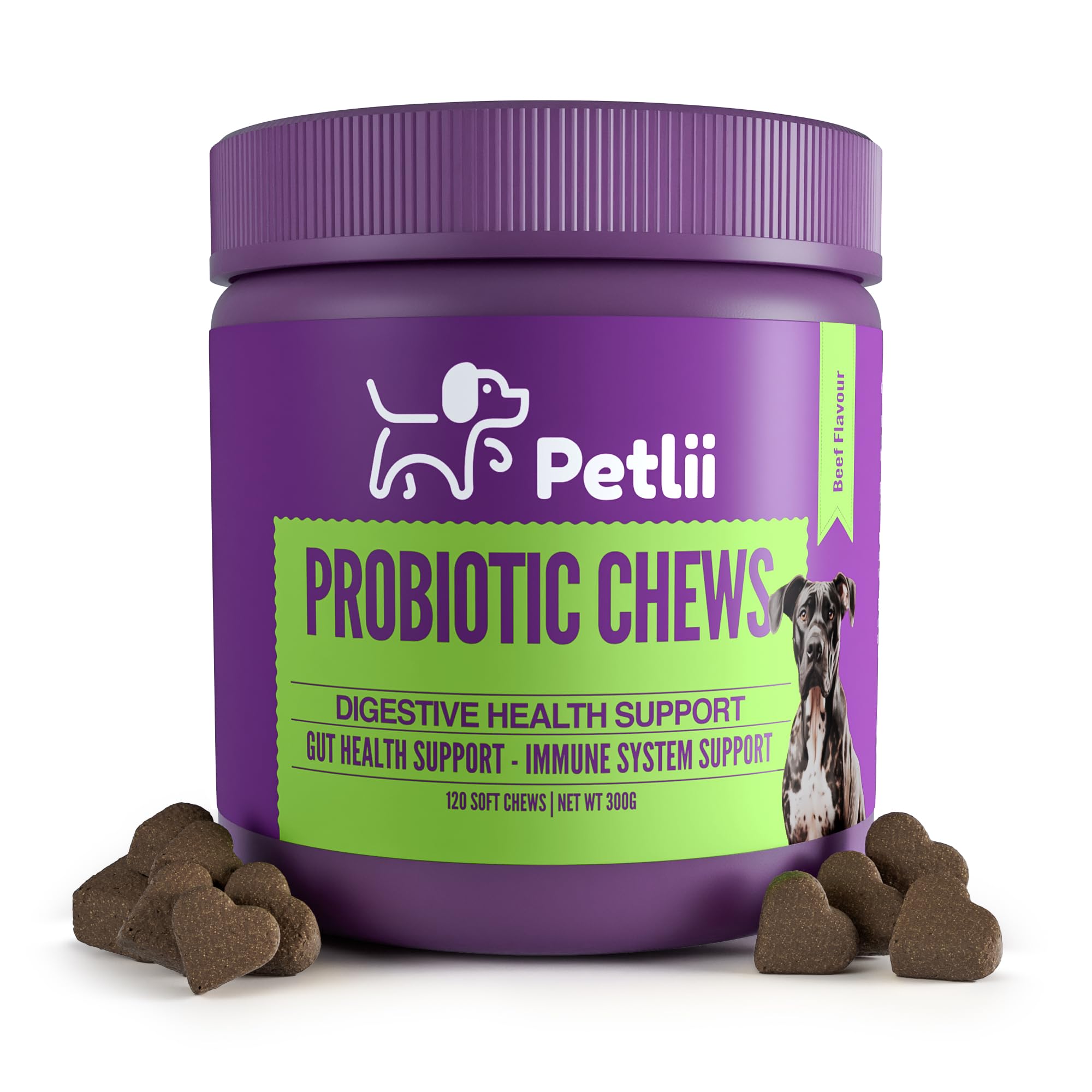 Petlii PROBIOTIC CHEWS - dog probiotics for gut health - digestive enzymes for dogs - Improve digestion, reduce diarrhea, itching and discomfort and eliminate foul odours. 120 Chews per tub