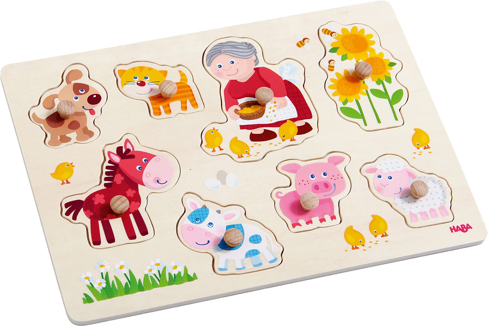HABA Clutching Puzzle Granny Lenas Animals | Wooden Peg Puzzle For Toddlers | Easy Grip Jigsaw Puzzle For Early Learning | Colourful Animal Play And Development