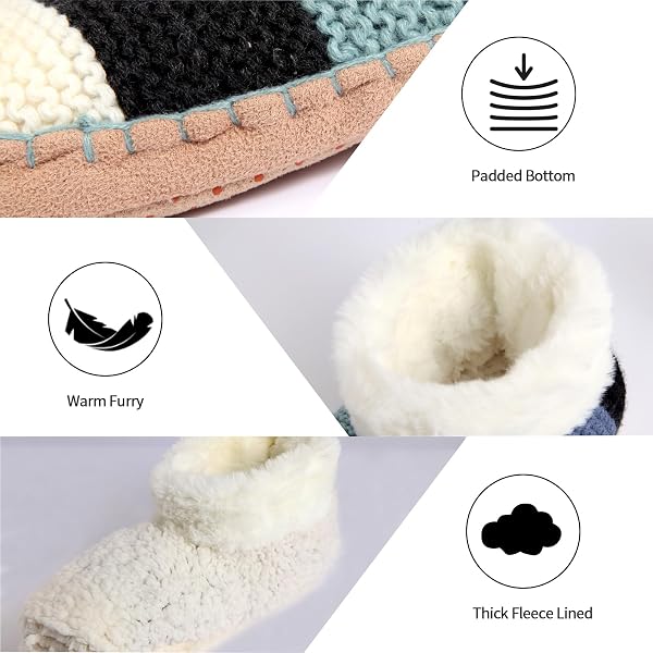 HUANSHA ANKLE KNIT SLIPPER SOCKS FOR WOMEN WITH PADDED BOTTOM, WARM LOW CUT FUZZY SLIPPER SOCK WITH NON SLIP GRIPPERS, THICK FLEECE LINED HOUSE SLIPPER SOCK SIZE 7 TO 11 FOR COZY INDOOR BEDROOM