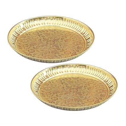 Skywalk Handmade Brass Puja Thali with Flower Embossed Design for Home and Office Decoration (Gold, 6 Inch) -Set of 2