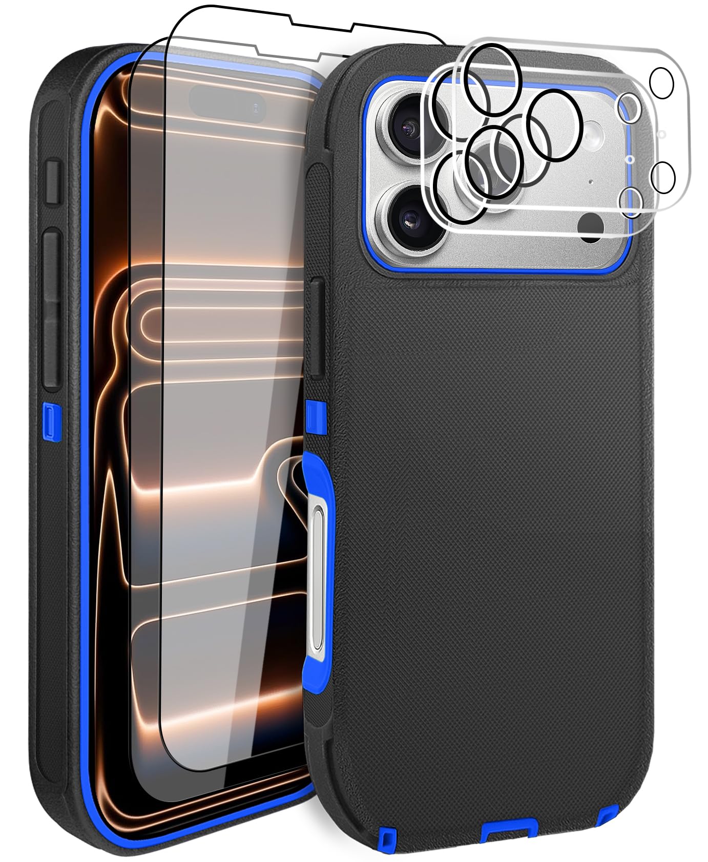 COLDNICE for iPhone 17 Pro Max Case 6.9" with 2 Screen Protector & 2 Camera Lens Protector, Heavy Duty Full Protection Rugged Phone Case Military Grade Drop-Proof Cover (Black+Blue)