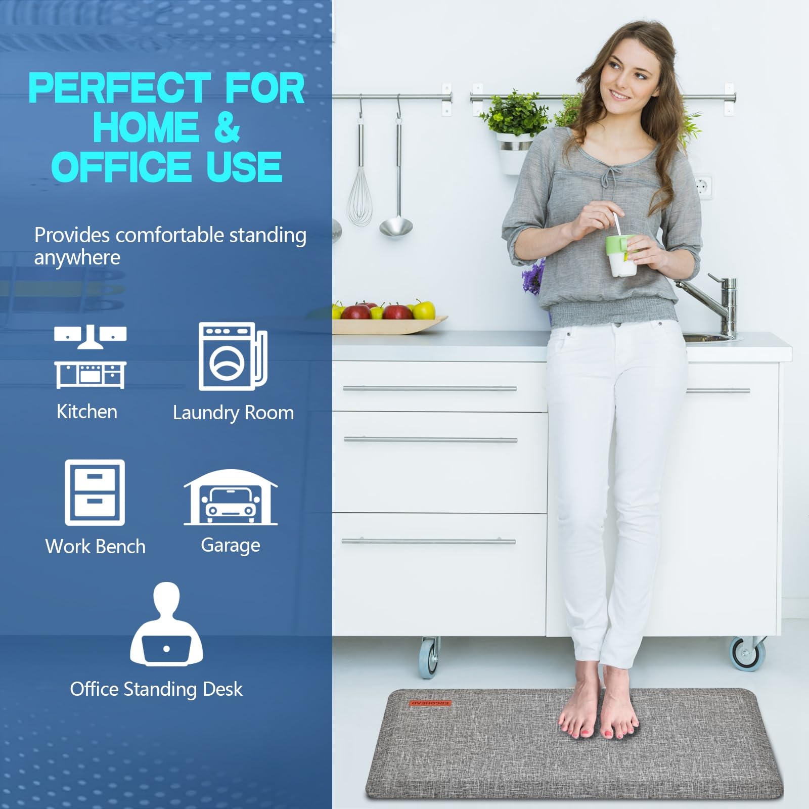 Ergohead Anti Slip 7/8 inchs Anti Fatigue Kitchen Floor Mat, Ergonomic Comfort Standing Mat, Waterproof Kitchen Runner for Home, Kitchen, Office, Laundry, Garage (Light Gray, 17.3