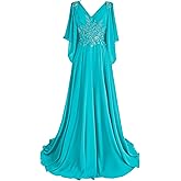 Lace Chiffon Mother of The Bride Dresses 2025 with Slit Sequin Beaded Formal Dresses V Neck Evening Gown with Cape Sleeve