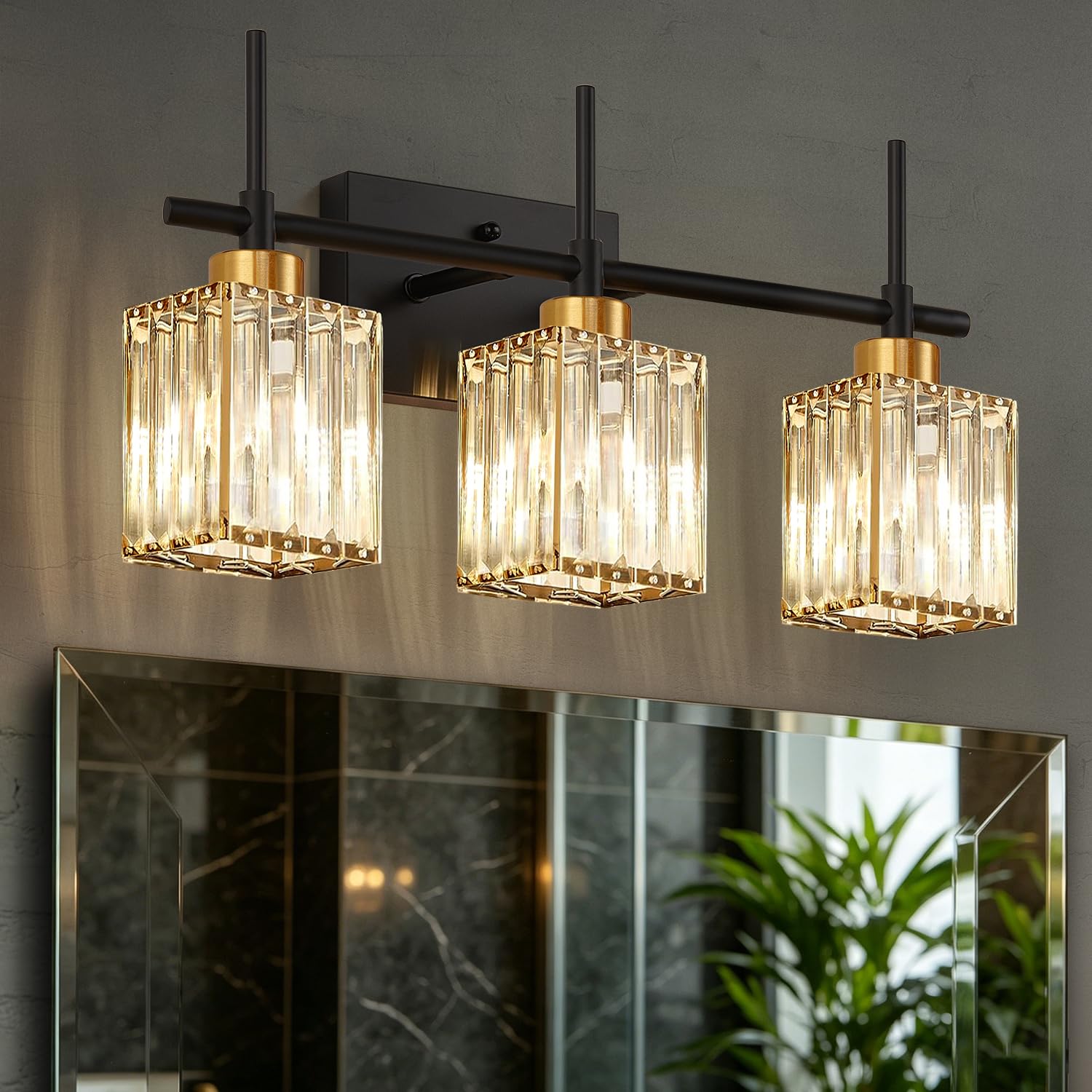 Photo 1 of Torondo Modern Crystal 3-Light Vanity Lights for Bathroom Gold Bathroom Lights Over Mirror Black and Gold Vanity Lighting Fixtures Square Shade Brass Wall Sconce (Bulbs Not Include)