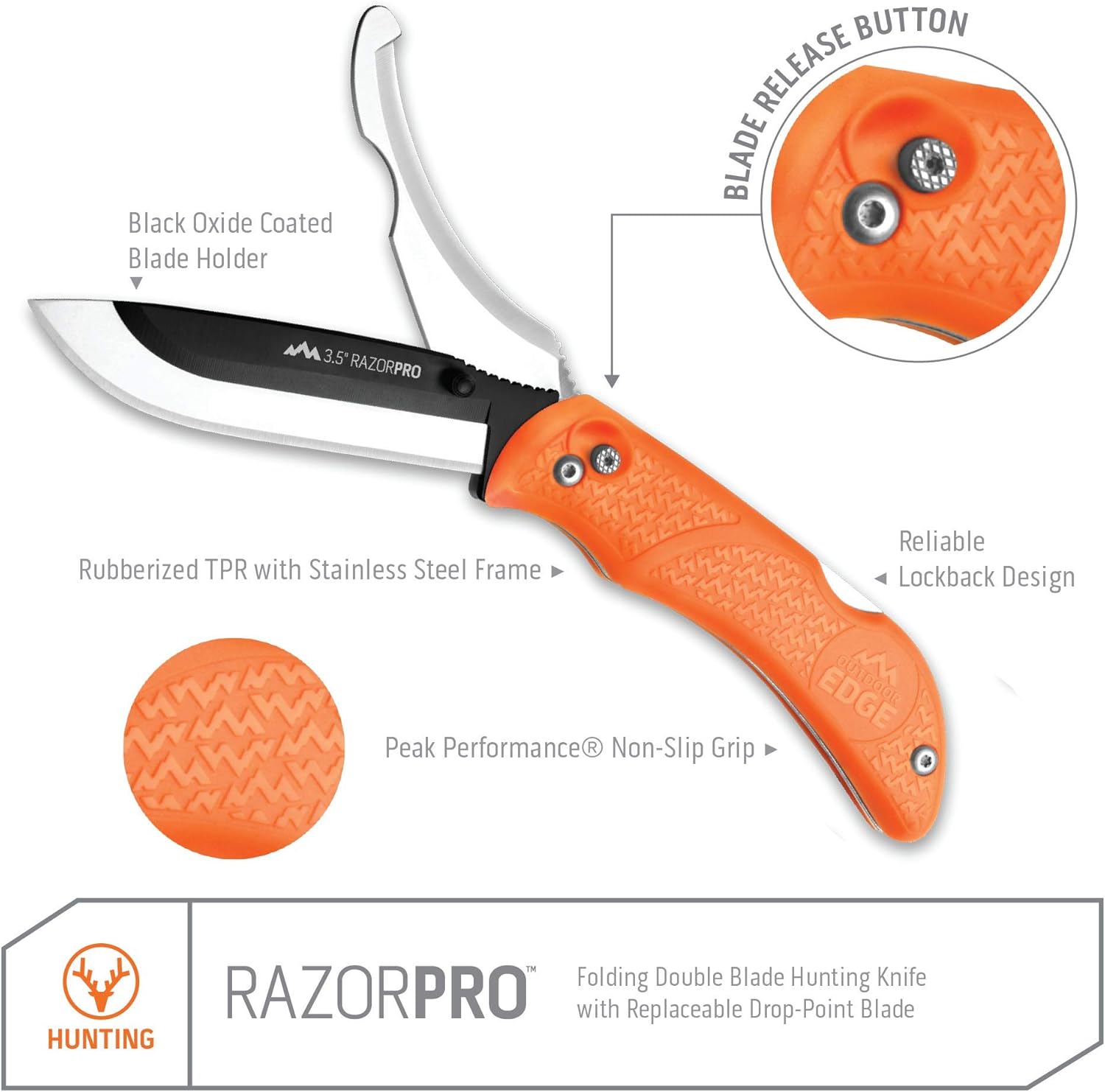 Outdoor Edge RazorPro - Double Blade Folding Hunting Knife with Replaceable Razor Blade, Gutting Blade and Camo Nylon Sheath (Orange, 6 Blades): Sports & Outdoors
