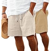 ROOMLINE Apricot+Khaki XL Mens Linen Shorts Flat Front Casual Elastic Waist Drawstring Summer Beach Vacation Shorts with Pocket