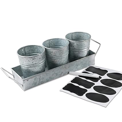 LifeSmart USA Galvanized Steel Picnic Planter and Caddy Set - One Caddy and Three Pails - 17 x 4 inches - Multipurpose Use - Ideal for Entertaining Or Garden Use - Bonus Chalkboard Labels and Marker