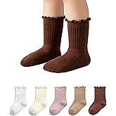 Funjoon 6M-5T Baby Toddler Little Girls Cute Ruffle Socks Cotton Toddler White Frilly Dress Kids Crew Socks 5 Pack