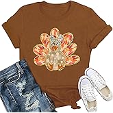 IFQ Thanksgiving Shirt for Women Turkey Print T-Shirt Funny Thankful Fall Family Tee Tops