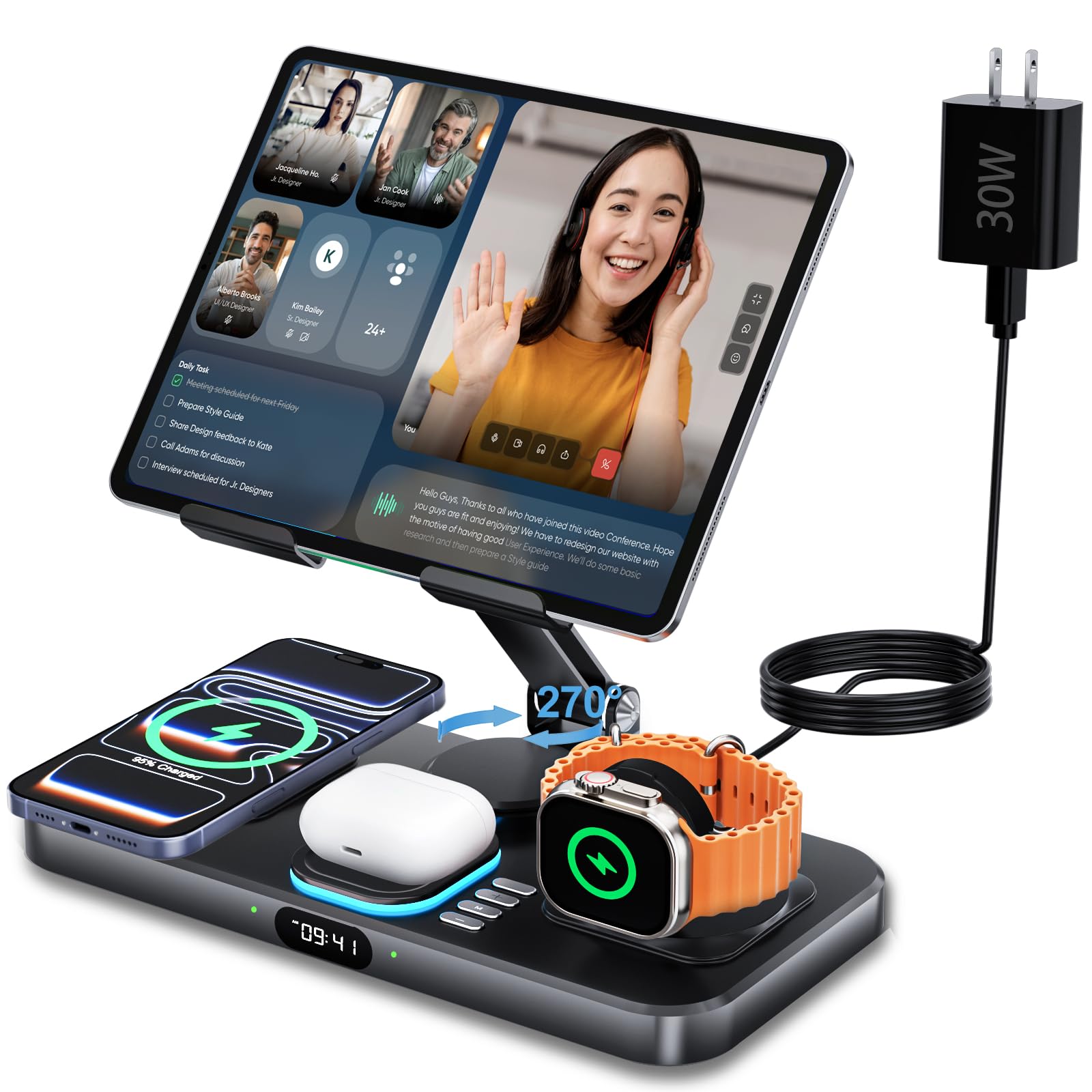 Photo 1 of 30W Foldable Charging Station for Multiple Devices, iPad Charging Station with Clock Display & Night Light for iPhone 17 Pro Max/16/15/iWatch 11/Air-pods 3/iPad 2025/Tablet Stand Holder