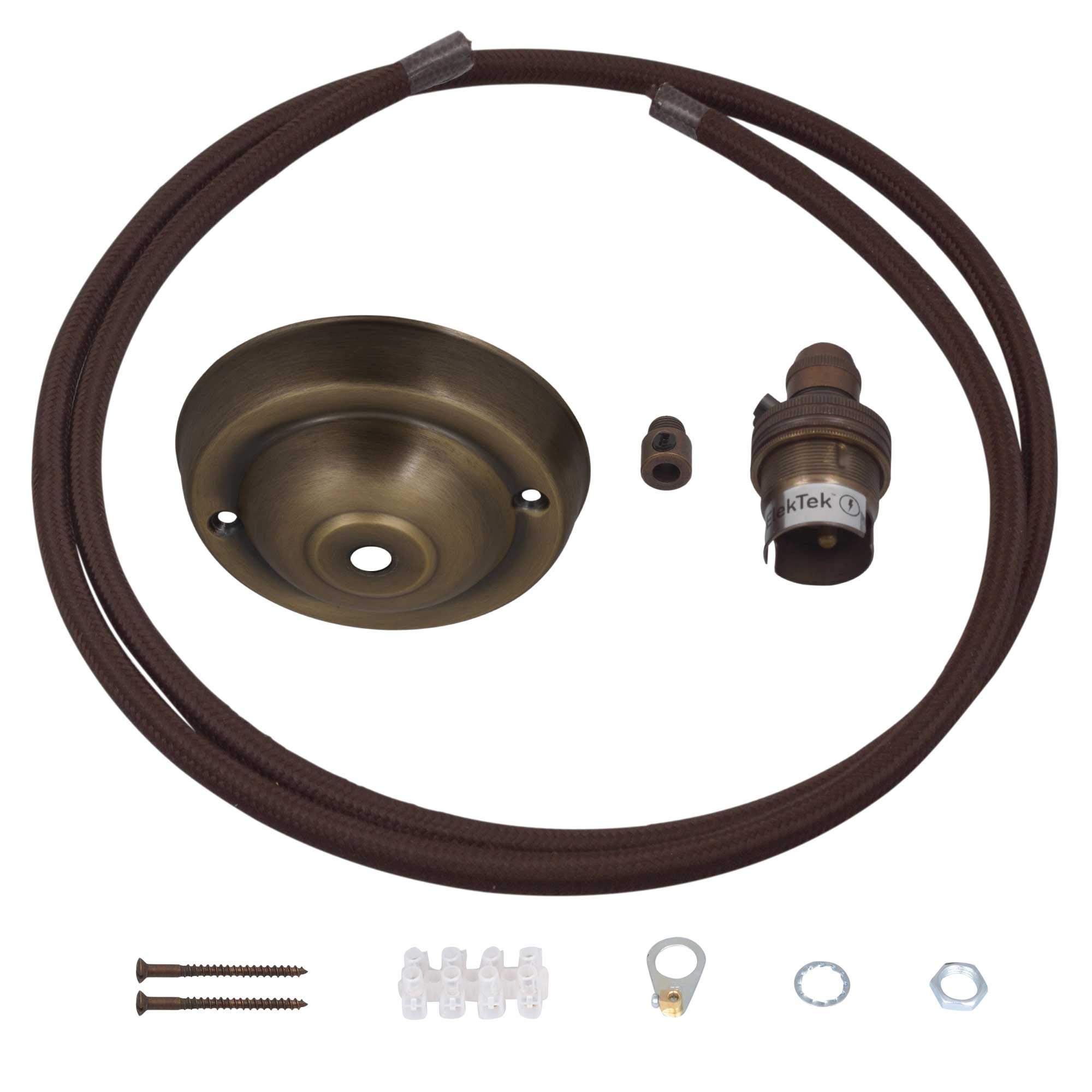 ElekTek Premium Pendant Light Kit DIY 108mm Ceiling Rose Round Flex and Lamp Holder B22 Cord Grip Brushed Antique