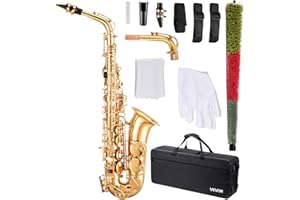VEVOR Alto Saxophone, E Flat, Brass Saxophone Beginner Kit with Carrying Case, Mouthpiece, Straps, Cleaning Cloth Rod, Gloves, Grease, Neck Strap, 23 Keys Alto Sax Kit, for Beginners Students, Gold