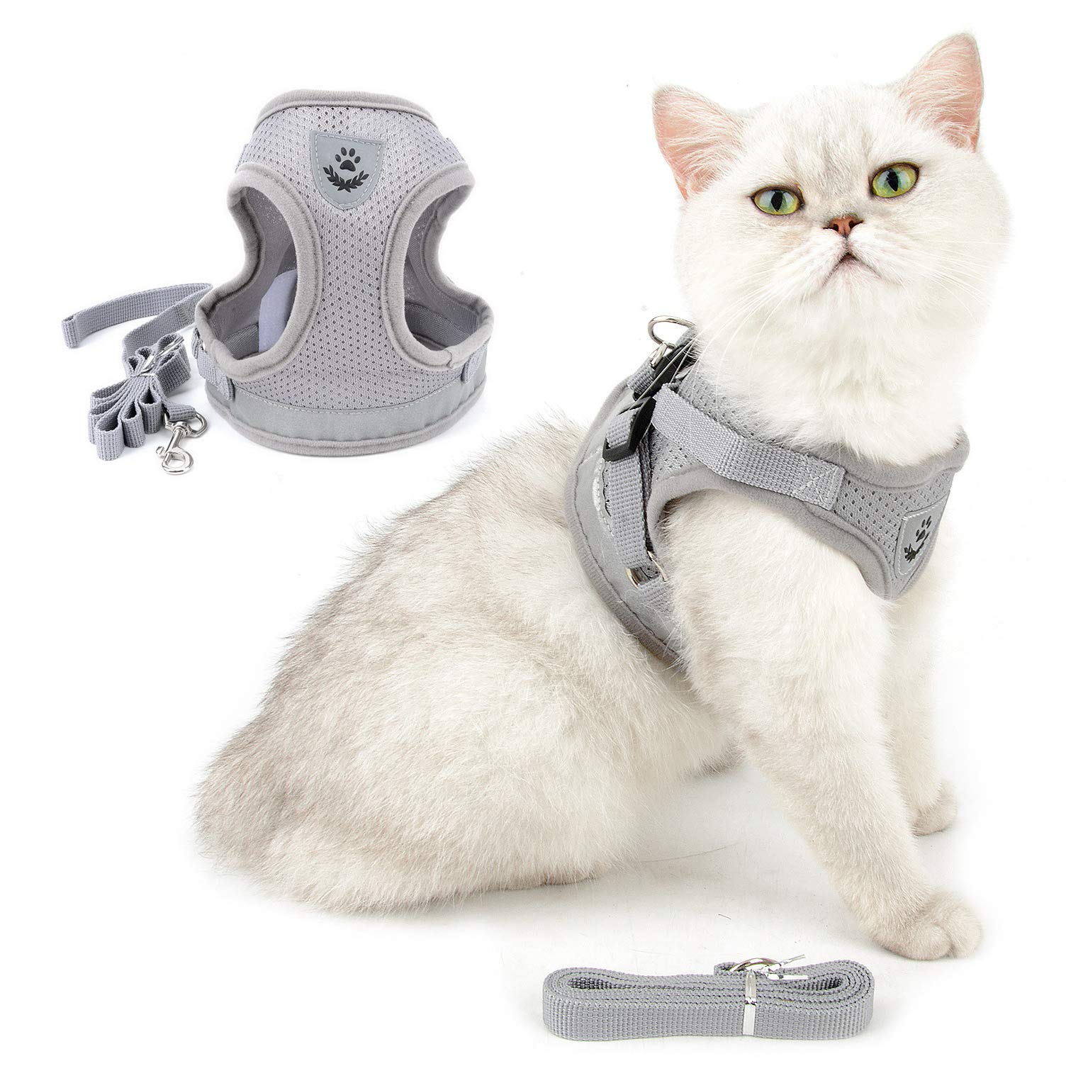 Cat Harness and Lead Set Escape Proof Adjustable Vest No Pull Reflective Walking Jackets Breathable Small dog Step In Harness Soft Mesh Padded for Puppy Kitten Gray L