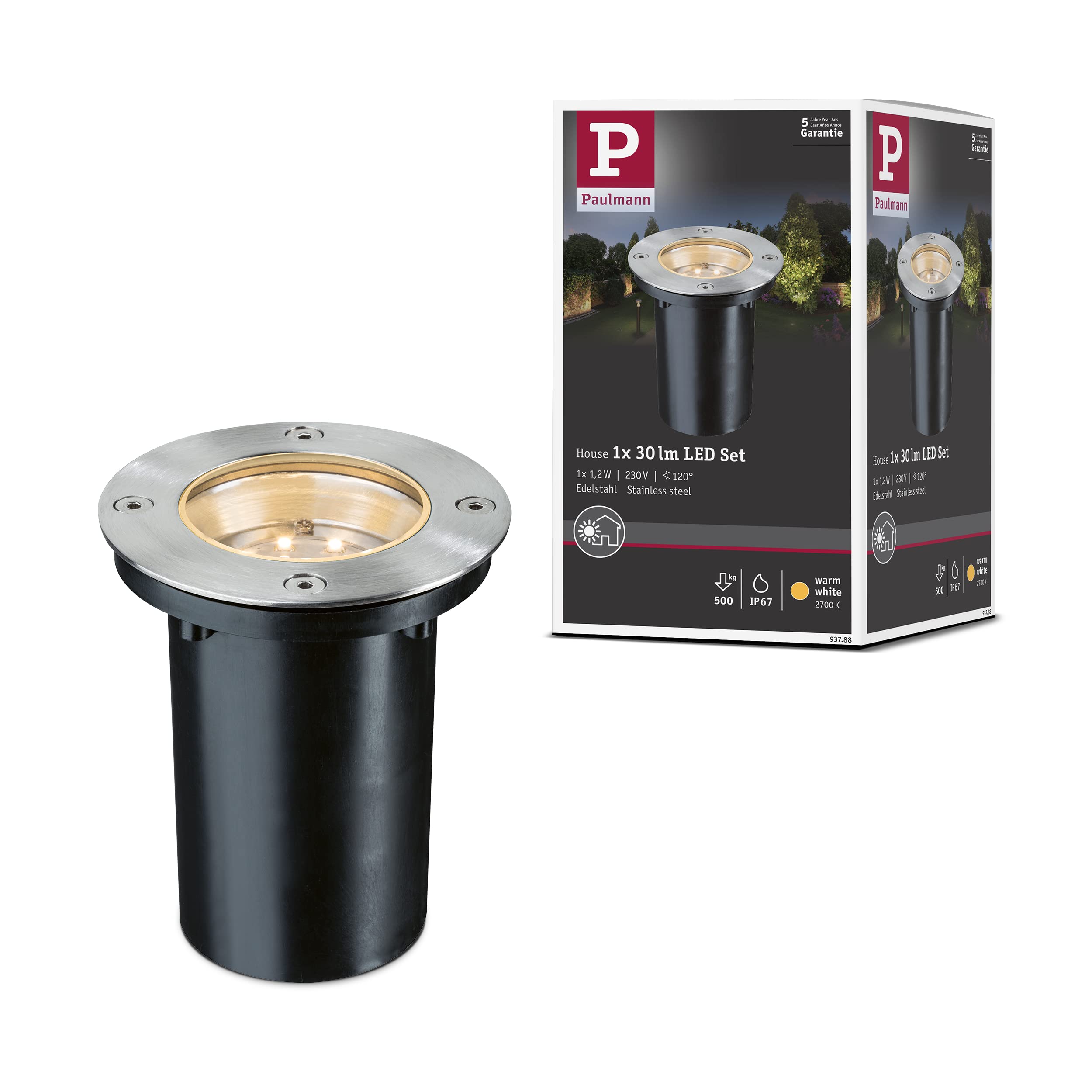 Paulmann 93788 recessed Floor luminaire Set recessed Spotlight 230V LED spot Warm White Stainless Steel 1-Piece Set 1x1.2W 230V incl. lamp Outdoors