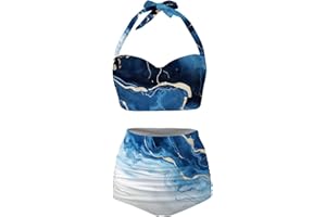 GETELINSENG Novelty Print Women's Halter Bikini Set, Trendy 2 Piece Tummy Control High-Waisted Bathing Suits