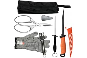 SYMI SMMR 7PCS Fishing Knife Set, Fish Cleaning Kit, Filet Knife for Fish, Fish Scale Cleaning Brush, Multi-Functional Scissors, Gloves, Fishbone Tweezers, Storage Bag,Fishing Accessories,Fishing Tool Kit