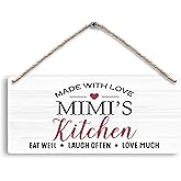 FUGWN Mimi's Kitchen Made with Love Hanging Wooden Signs 12x6, Mimi Gifts for Grandma Kitchen Wall Decor, Grandma Mimi Kitchen Gifts, Eat Laugh Love Home Kitchens Decor Gifts for Mimi from Grandkids