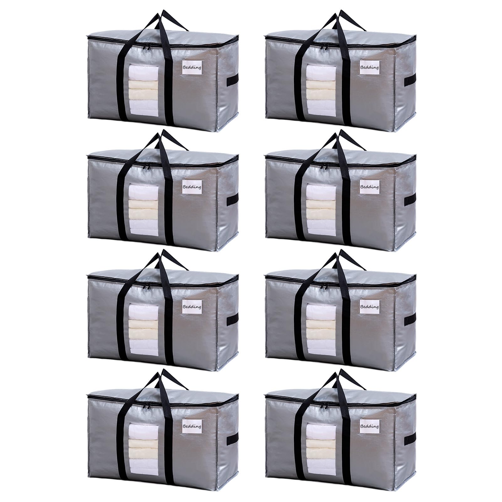 TAILI Extra Large Moving Bags, 8 Pack Silver Heavy Duty Totes for Storage with Visible Window, Wrap Around Handles, Storage Bags for Space Saving, Alternative to Moving Boxes