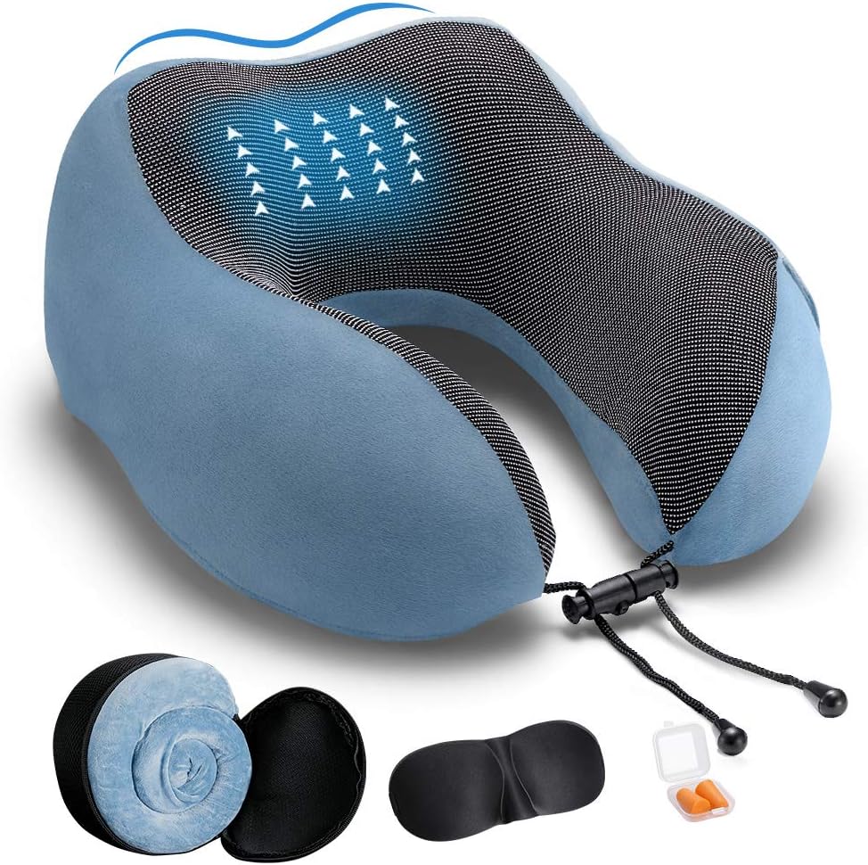 DYD Travel Pillow Memory Foam Neck Pillow for Airplane Breathable & Washable Velour Cover Ergonomic Neck Support Pillow with Sleep Mask & Earplugs: Home & Kitchen