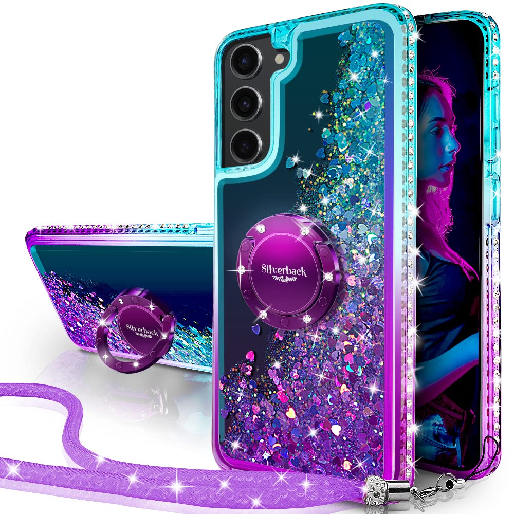 Silverback for Samsung Galaxy S22 Case, Moving Liquid Holographic Sparkle Glitter Case with Kickstand, Girls Women Bling Diamond Ring Slim Protective Case for Galaxy S22 5G - Purple