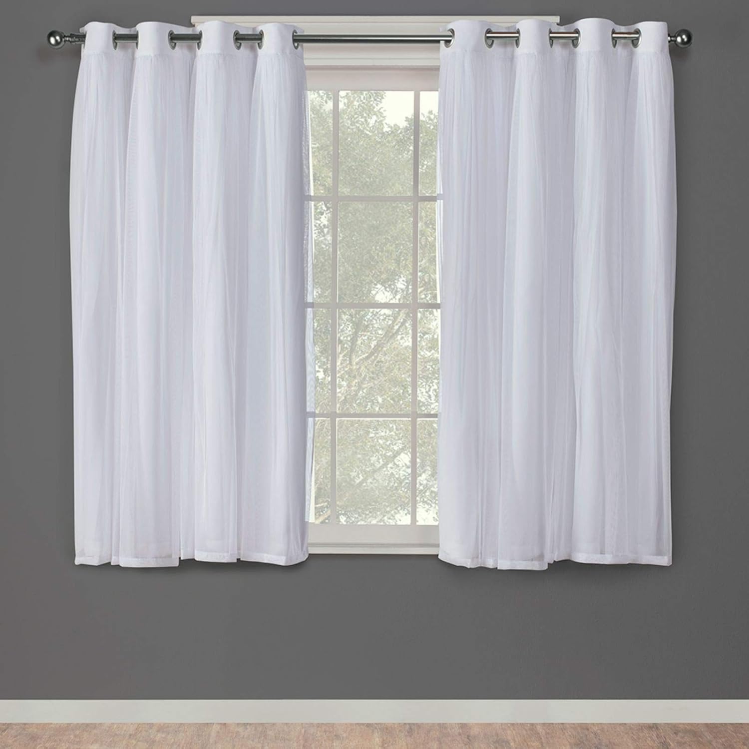Exclusive Home Curtains Catarina Layered Solid Blackout and Sheer Window Curtain Panel Pair with Grommet Top, 52x63, Winter White, 2 Piece