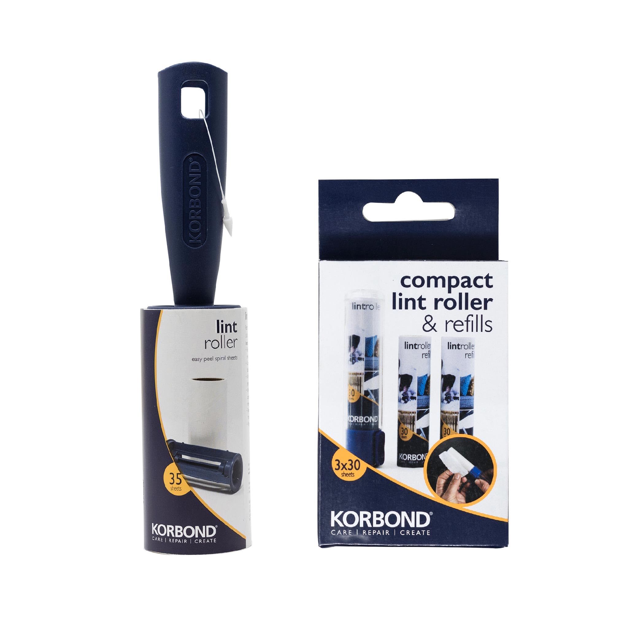 Korbond Full Size & Compact Lint Roller Set - 35 Sheets + 2 Refills - Lint & Pet Hair Remover, Blue